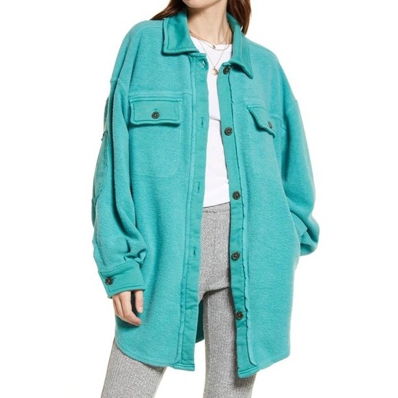 Free People Ruby Oversized Fleece Shacket Teal Button Down Long Sleeve- Size XS - Picture 2 of 12
